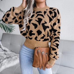 Women Casual Leopard Print Cinched Knit Cropped Sweater