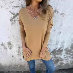 Solid Color V-neck Knitted Sweater Loose Top Women's Clothing