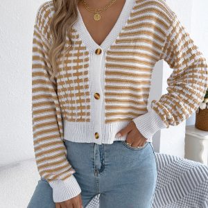 Women Color Block Stripe Lantern Sleeve Short Cardigan Sweater