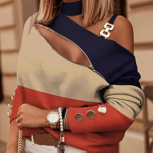 Women's Elegant Zip-Front Blouse, Button Detail Cold Shoulder Top With Color-Block Design For Layering