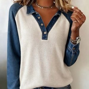 Women's Casual Contrasting-Color Waffle-Knit Patchwork Long-Sleeve Top