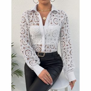 Women's Lace Floral Boho Blouse - Long Sleeve Button Down Shirt For Spring & Fall