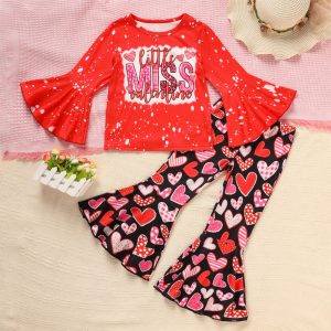 Toddler's Girl's Cute Baby Set, Sweetheart Red Long Sleeve Top With Heart Print Flare Pants For Spring Fall