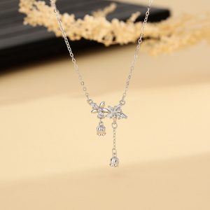 S999 Pure Silver Delicate Flower Lily Of The Valley Tassel Necklace