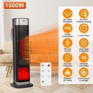 1500W Oscillating Ceramic Tower Space Heater With 3D Flame Portable Electric Heater With 3 Wind Modes F Heating Remote Control 12H Timer Overheat Tip-Over Protection For Bedroom Office