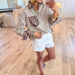 Fashionable Casual Versatile Long-sleeve Leopard-print Patchwork Cardigan Striped Shirt