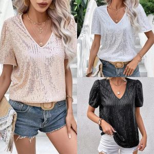 Women's Solid Color Sequin V-neck Loose Short Sleeve