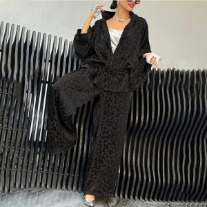 Women's Casual 2-Piece Set, Drawstring Leopard Print Zip-Up Top & Wide Leg Pants For Spring Fall