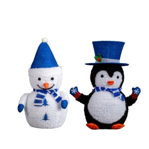 Set Of 2 Lighted Plush Penguin And Snowman Christmas Decorations, Pre-lit Pull Up Holiday Decor With 100 Warm White LED Lights For Xmas Outdoor Indoor Decor Lighted Holiday Displays