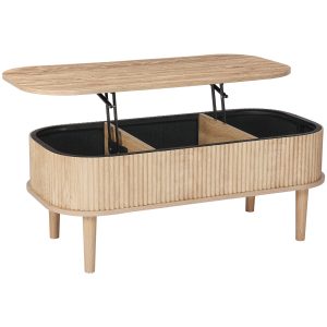 39.4 In Lift Top Coffee Table, Fluted Oval Coffee Table With 3 Hidden Compartment, Mid Century Wooden Oval Center Desk With Storage, Lift Up Tabletop For Home & Office, Easy Assembly, Burlywood