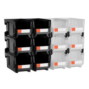 Plastic Stackable Storage Bins, 14.8 X 8.5 X 7.1 Inch (12 Pack), Plastic Containers For Organizing & Storage Bins For Garage, Small Parts, Office Supplies, Other Accessories, Black & Transparent