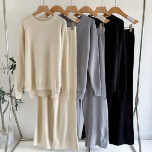 Women's Loose Knitted Long-Sleeve Crew-Neck Fashionable Wide-Leg Pants Two-Piece Set