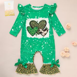 Newborn Baby Girl Romper, Green Clover & Leopard Print Ruffle Sleeve Round Neck Onesie With Flare Legs