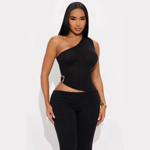 Fashionable Solid-Color Slim-Fit Asymmetrical-Neck Tops And Pants Set That Flatters Your Figure
