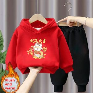 Fleece-lined Chinese-style Red Festive Hoodie And Sweatpants Two-piece Set
