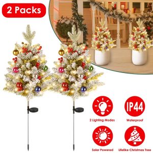 2Pcs Solar Powered Lighted Christmas Tree Urn Filler With Light Artificial Xmas Trees Light With Berries Decor Balls LED Pathway Pine Tree IP44 Waterproof 50 Beads Warm Light