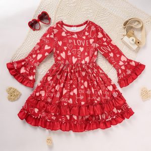 Toddler Girl's Cute Dress, Heart Print Round Ncek Long Sleeve A-Line Dress With Ruffle Hem