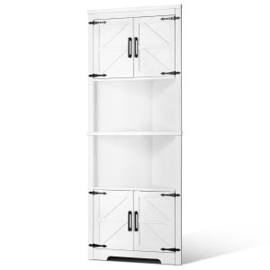 68" Tall Corner Storage Cabinet, 6 Tiers Farmhouse Storage Cabinet With 4 Wooden Doors & Adjustable Shelves, Freestanding Corner Kitchen Cabinet For Living Room, Kitchen, Laundry Room, White