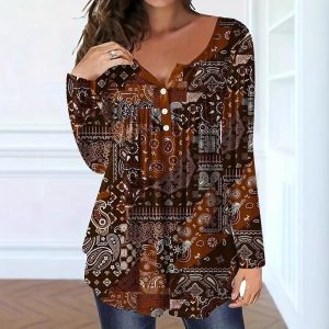 Loose-fit Buttoned V-neck Top Women's T-shirt