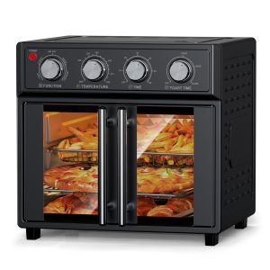 29.5 QT Air Fryer Convection Toaster Oven, French Door, 6 Slices, 1700W, Multifunction Oven, Air Fryer, Toast, Grill, Defrost, Bake, Time And Temperature Controls, Black