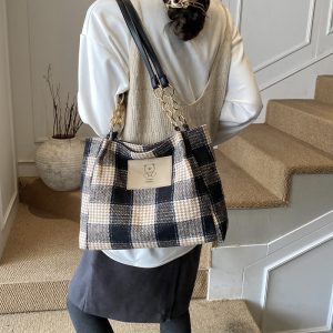 Wool Plaid Women's Single-Shoulder Commuter Bag With Large Capacity