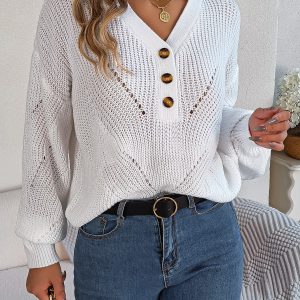 Women Hollow Out V-Neck Button Lantern Sleeve Pullover Sweater