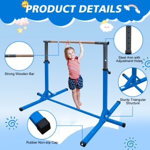 Gymnastics Bar For Kids, Adjustable Height Gym Bar, Junior Training Kip Bar For Home, Built For Kids 3 Years Blue