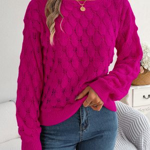 Women Casual Feather Hollow Out Off-Shoulder Lantern Sleeve Sweater