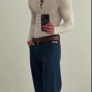 Beige Ribbed Knit Lace-Up V-Neck Long Sleeve Top