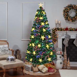 6FT Pre-lit Fiber Optic Christmas Tree With Large Stars, Artificial Chritsmas Tree Spruce Tree Color Changing Optical Fiber Lights,with Metal Stand,Full Tree For Holiday Decoration
