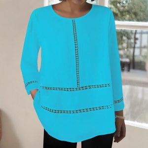 Versatile Women's Round-neck Semi-sheer Hollow-out Long-sleeve Shirt
