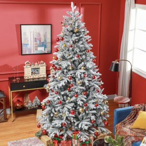 HOMCOM 8ft Snow Flocked Artificial Christmas Tree With 2003 Tips, Foldable Metal Stand, Easy Assembly, Hinged Xmas Tree For Home, Office, Holiday, Green
