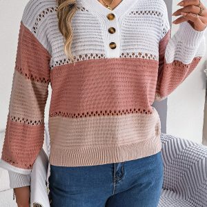 Women Casual Button V-Neck Hollow Out Color Block Lantern Sleeve Pullover Sweater
