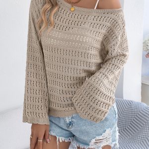 Women Off-Shoulder Hollow Out Long Sleeve Knit Cardigan Sweater