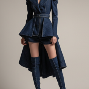 Sculptural Peplum Hem Tailored Denim Jacket & Shorts Set
