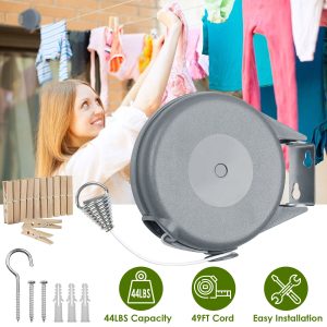 Retractable Clothesline Outdoor 49FT PVC Automatic Washing Dryer Cord Easy Hanging Rope For Wet Dry Clothes