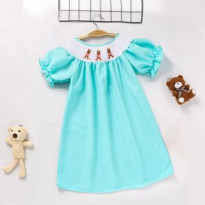Girl's Bunny Bow Embroidered Ruffle Detail Dress, Short Sleeve Round Neck Party A-Line Dress