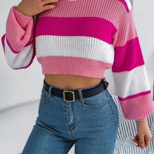 Women Casual Color Block Lantern Sleeve Cropped Pullover Sweater