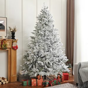 Premium 7FT Snow Flocked Hinged Artificial Christmas Fake Spruce For Home Office Party Decoration With Fluffy Branch White Snow Tips And Metal Stand