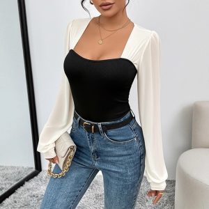 Knitted Long-sleeved Slim And Elegant Square Neck Jumpsuit For Women