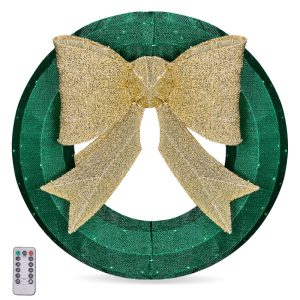 24in Pre-lit Outdoor Christmas Wreath Decoration, Lighted Metal Wreath With Golden Bow, Green And Warm White LED Lights, For Front Door Gate Wall Indoor Outdoor Holiday Party