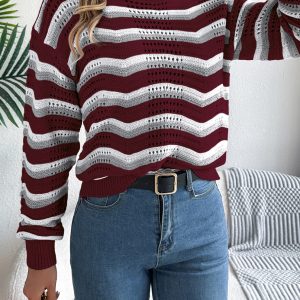 Women Casual Hollow Out Color Block Stripe Lantern Sleeve Pullover Sweater