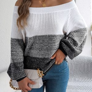 Women Casual Color Block Off-Shoulder Lantern Sleeve Pullover Sweater