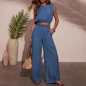 Women's Casual Personality Denim Tube Top Braided Rope Wide Leg Pants Set