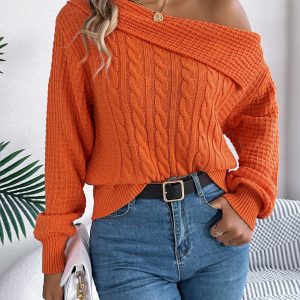 Women Casual Sexy Lapel Off-Shoulder Cable Knit Long Sleeve Pullover Sweater