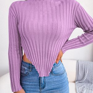 Women Sexy Half Turtleneck Asymmetric Long Sleeve Knit Top