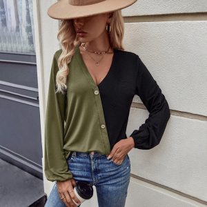 Loose Casual Pocket Patchwork Contrast Color Long Sleeve Women's T-shirt