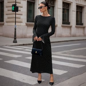 Socialite-style Black Polka-dot Dress For Women Autumnwinter Long-sleeve Ultra-low Back Figure-hugging With Tie-back Detail And Maxi Length