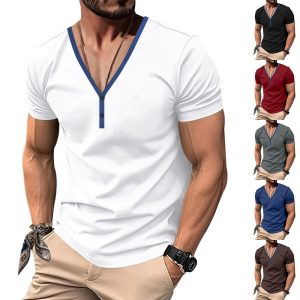 Men's European And American Casual V-neck Contrast Color Henley Slim-fit Top