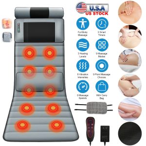 Advanced Version Full Body Electric Massage Mat With Heat Vibration Massage Pad Cushion With Neck Massager Lumbar Pillow With 10 Vibration Motors 3 Timers Anti-Slip Bottom Earplugs